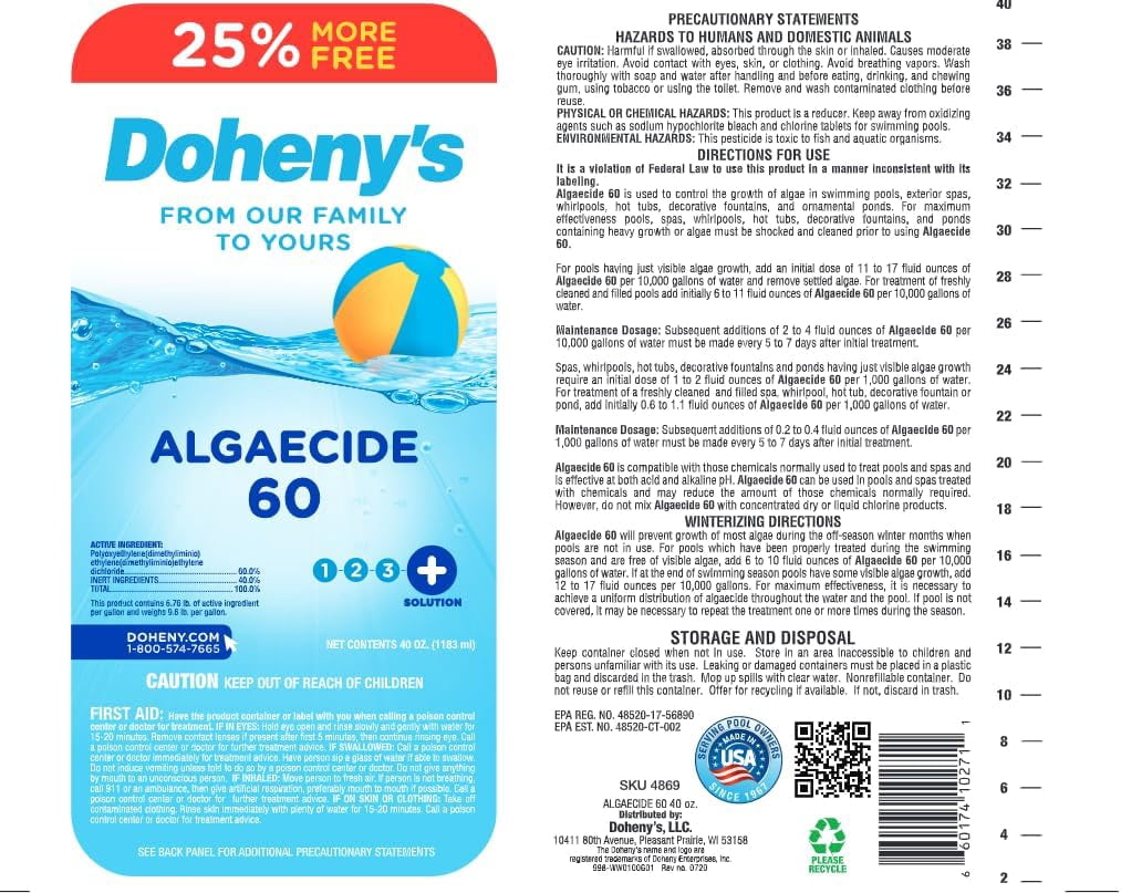 Doheny’s Algaecide 60 Pool Algae Preventative, Metal-Free Non-Foaming Formula, Prevents All Algae Types, Safe for Salt, Chlorine and Bromine Pools, Treats up to 160,000 Gallons, 40 oz Bottle