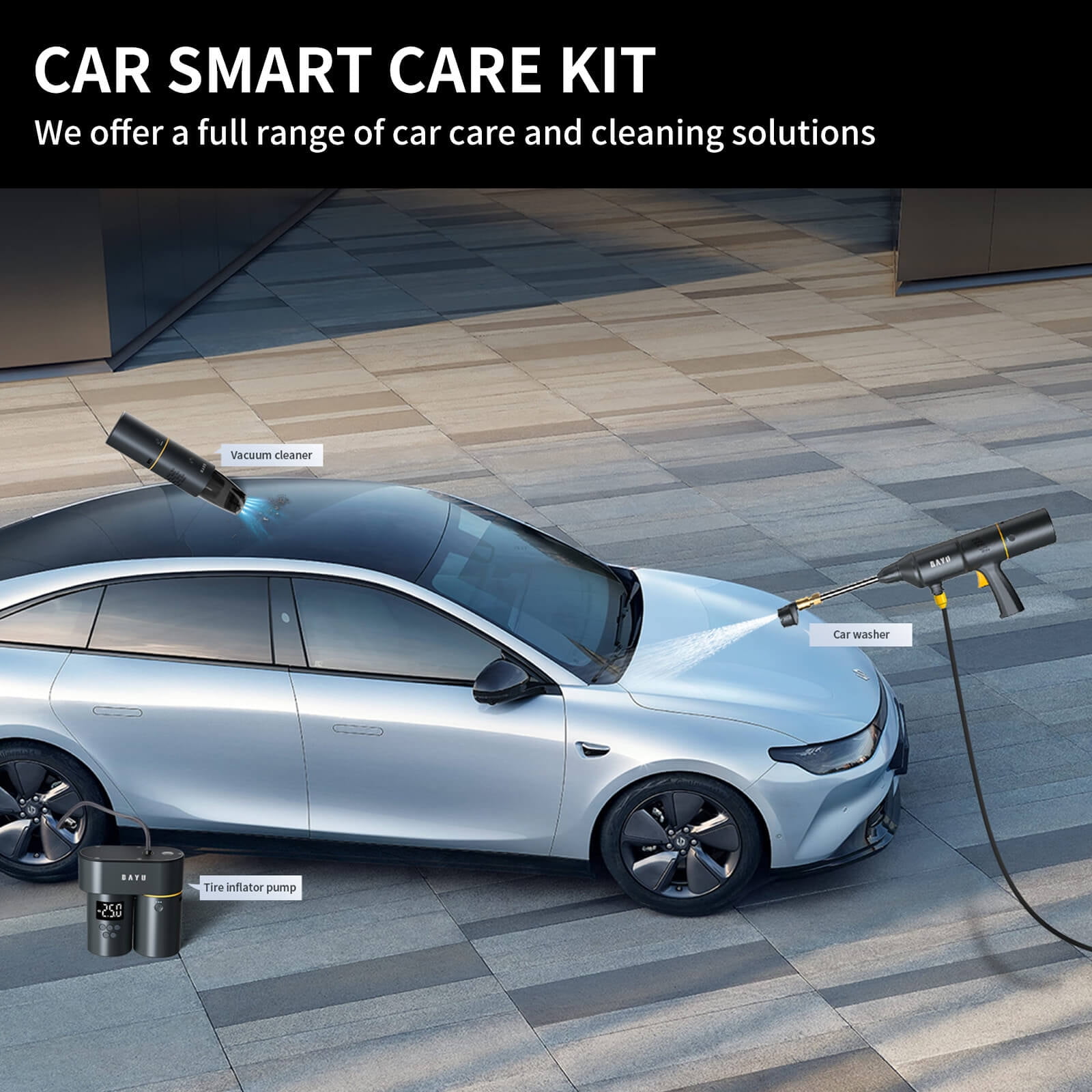 BAYU 4 in 1 Car Smart Kit, 19000PA Car Vacuum Cleaner, 200PSI Cordless Pressure Washer, 150PSI Tire Inflator Portable Air Compressor, 15000mAh Wireless Portable Charger for Car, Bike, Motor