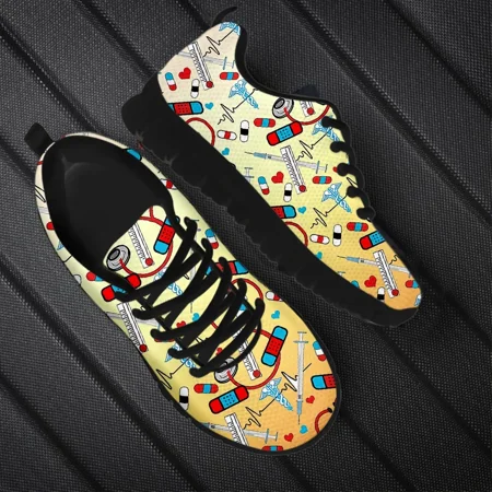 

2024 Ladies Flat Shoes Gradient Medical Facilities Pattern Lace-up Casual Sneakers for Women Light Enfermera Zapatos