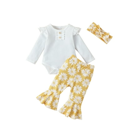 

Binpure Baby Girls Clothes Set Ruffle Trim Long Sleeve Buttons Round Neck Romper Flower Printed Flared Pant with Headband