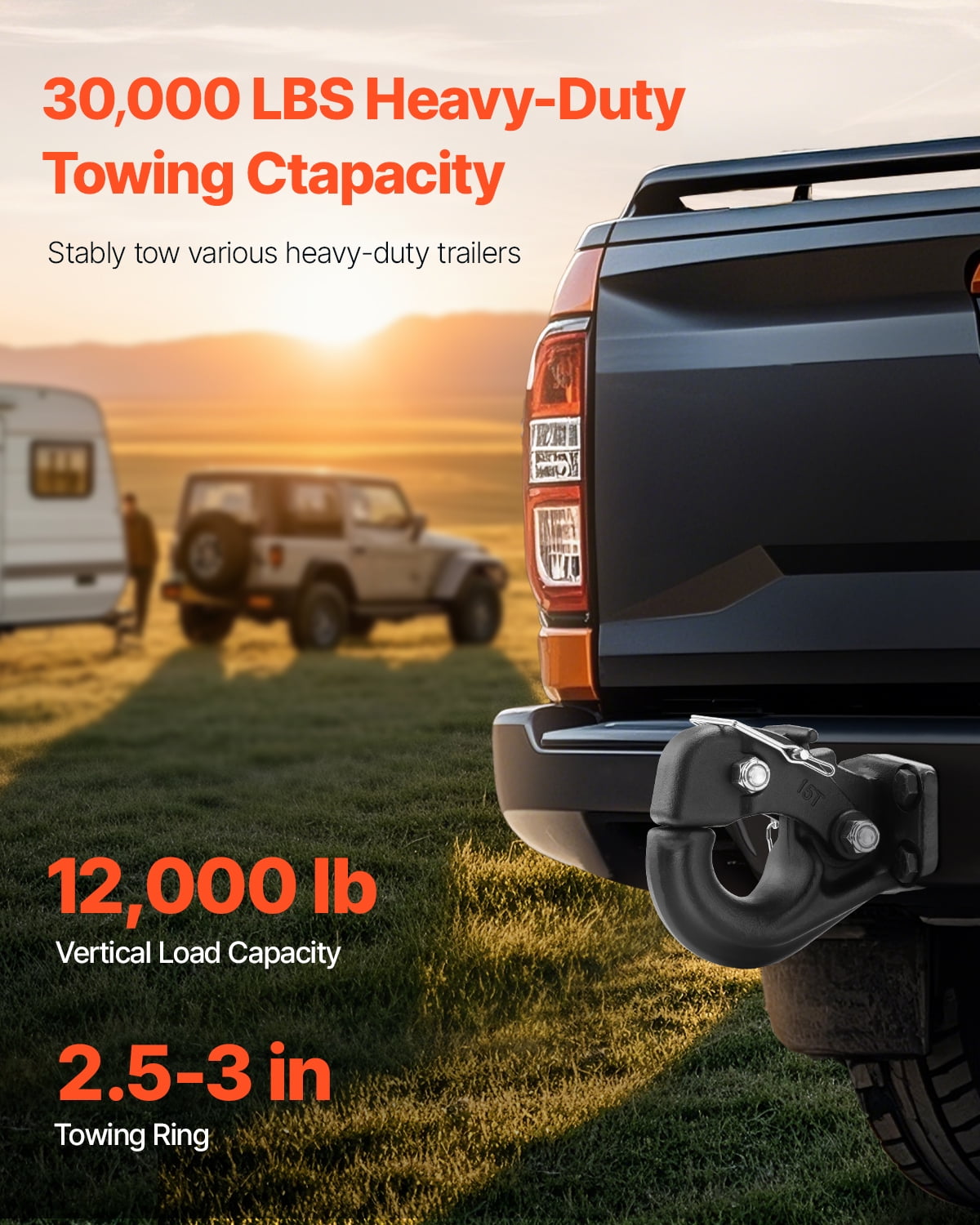 VEVOR Pintle Hook, 30000 lbs Towing Capacity, Trailer Hitches Receiver Hook Fits for 2.5 to 3-inch Lunette Ring with Mounting Kit, Wear-resistant, Black Powder Coat, Suitable for Various Vehicles