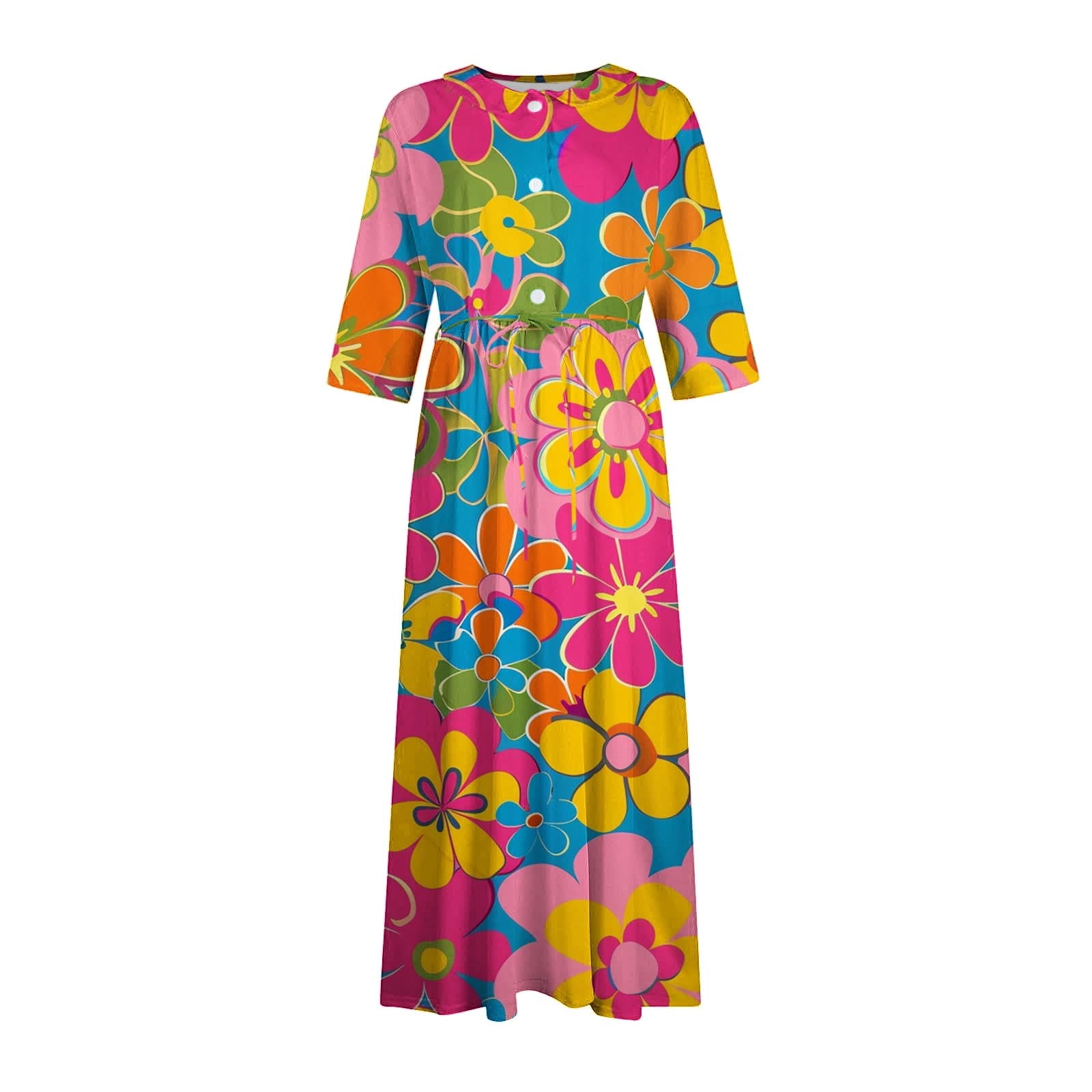 HAPIMO Women's 3/4 Sleeve Spring Summer Tea Length A Line Dress Lapel V Neck Button Flowy Fall Dress Floral Boho Workout Elegant Casual Drawstring Fashion Pink XXL