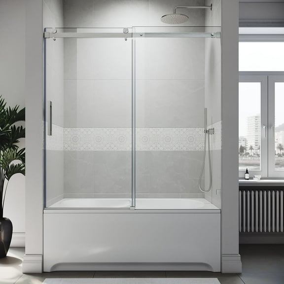 Sunny Shower Frameless Single Sliding Brushed Nickel Bathtub Door 60 in W x 62 in H 5/16 in. Glass