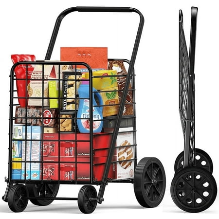 Shopping Cart for Groceries with 176LBS 91L Large Capacity Heavy Duty Grocery Cart with Wheels Folding Utility Shpping Cart on Wheels for Groceries Laundry Pantry Garage