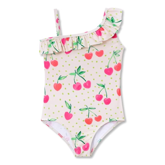 Serdomi Girls Adjustable Double Strap Swimsuit for Kids Pink Cherry Print Bathing Suit Size 8