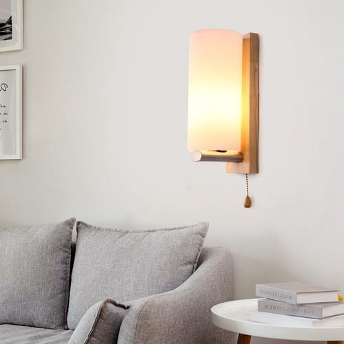 Modern Glass Wooden Wall Lamp Bedroom Sconces Light Fixture Decor &Pull Switch