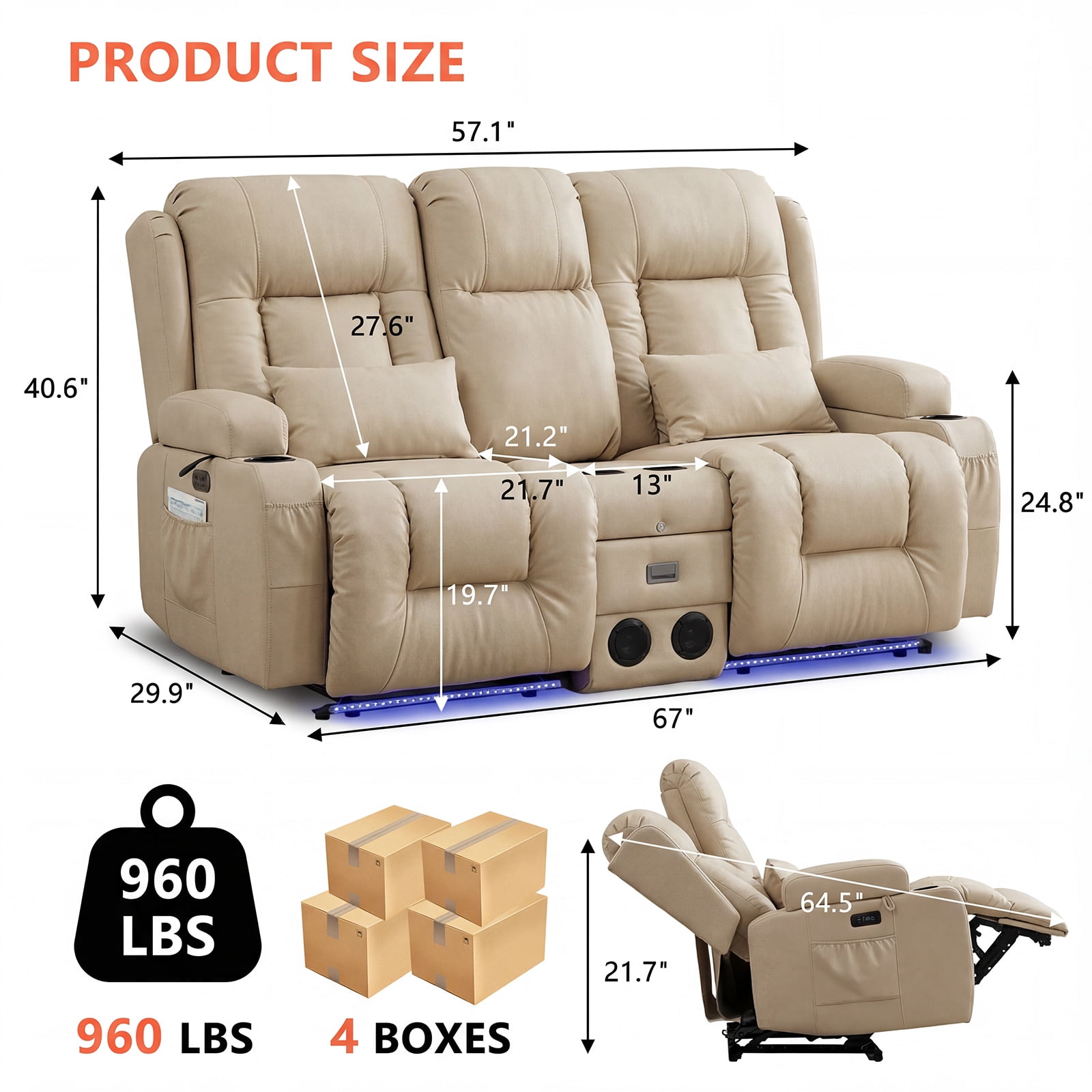 IPKIG Sand Color Power Recliner Loveseat Sofa w/ Massage, Heat, LED Lights, Bluetooth Speakers, USB Ports, Power Outlets Console for Home Theater & RV