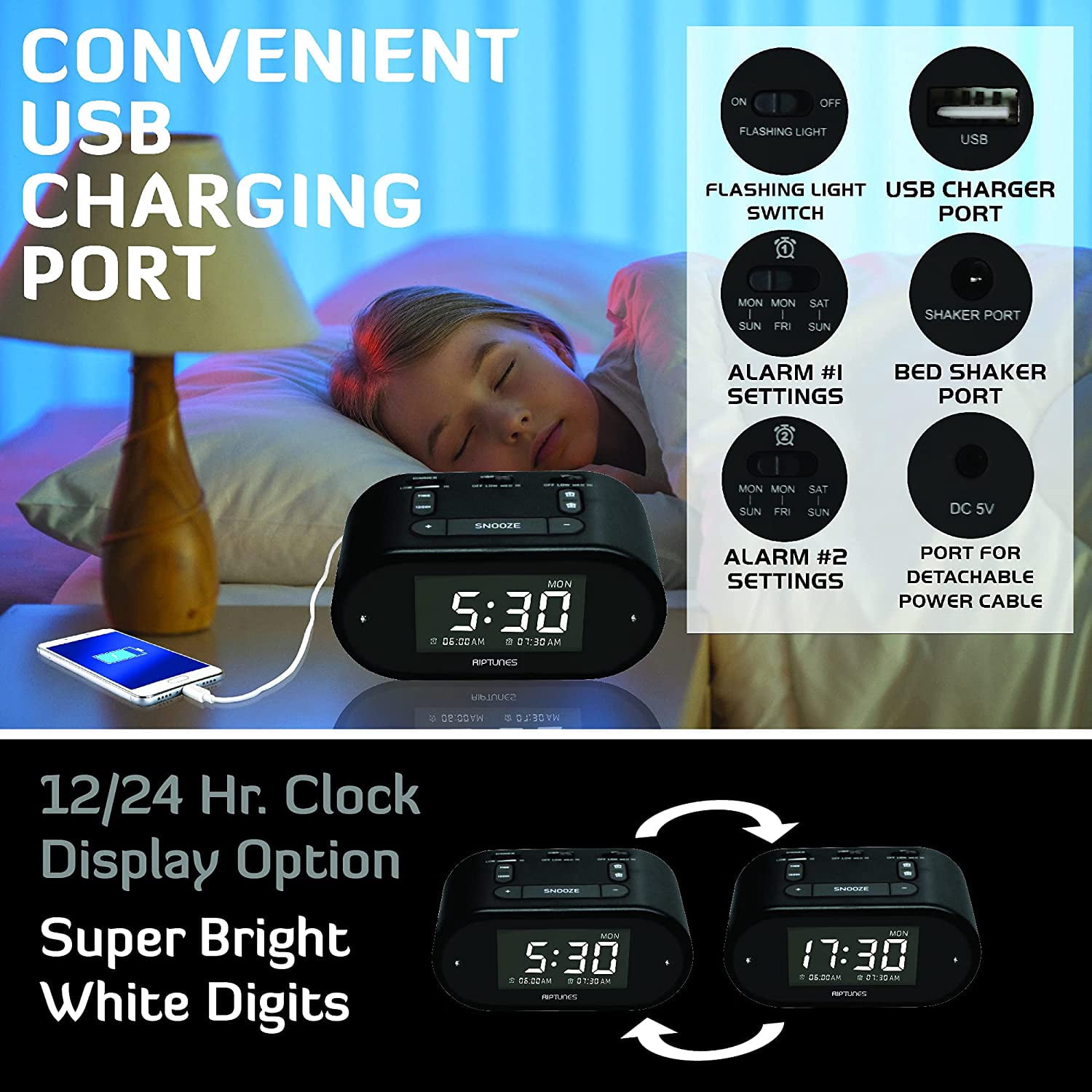 Impecca WAV10K Riptunes Vibrating Dual Alarm Clock W/so