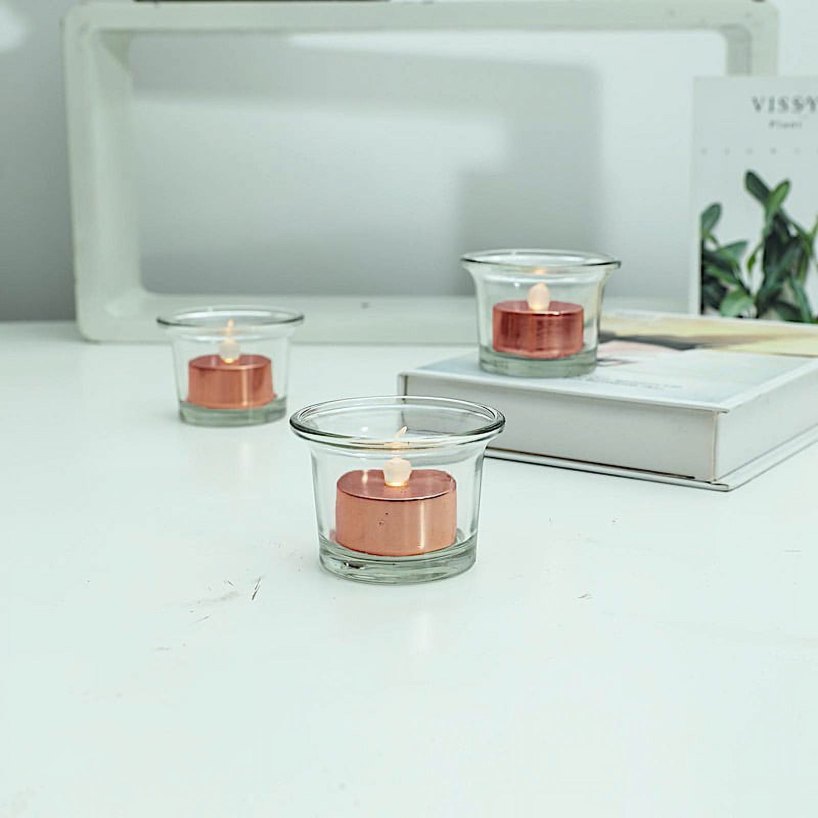 BalsaCircle 12 Metallic Rose Gold LED Battery Operated Tealight Candles Lights Wedding Centerpieces Decorations