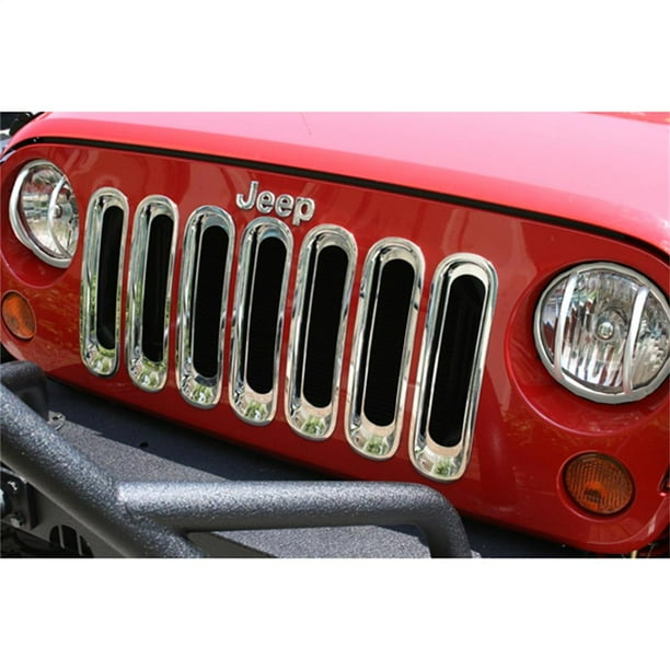 Convient 2007-2018 Jeep Wrangler JK Calandre Rugged Ridge Insert 11306.20 Bar Style 7 Pièce; Sans Découpe d'Emblème et Sans Découpe Légère; Chrome; Aluminium