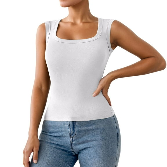 Fiaer Tank Tops for Women Scoop Neck Sleeveless Casual Solid Color Comfy Slim Fit Seamless Wide Strap Camisole Stretch Tops White XL