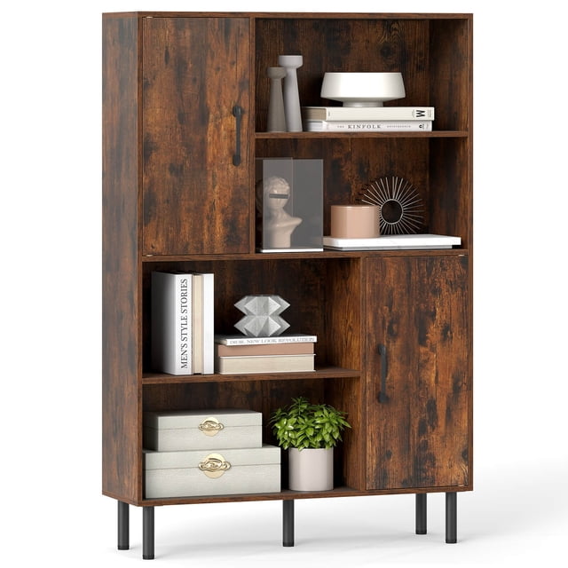 Costway 47" Storage Cabinet with 2 Doors & 4 Open Shelves, 5 Metal Support Legs for Kitchen Rustic Brown