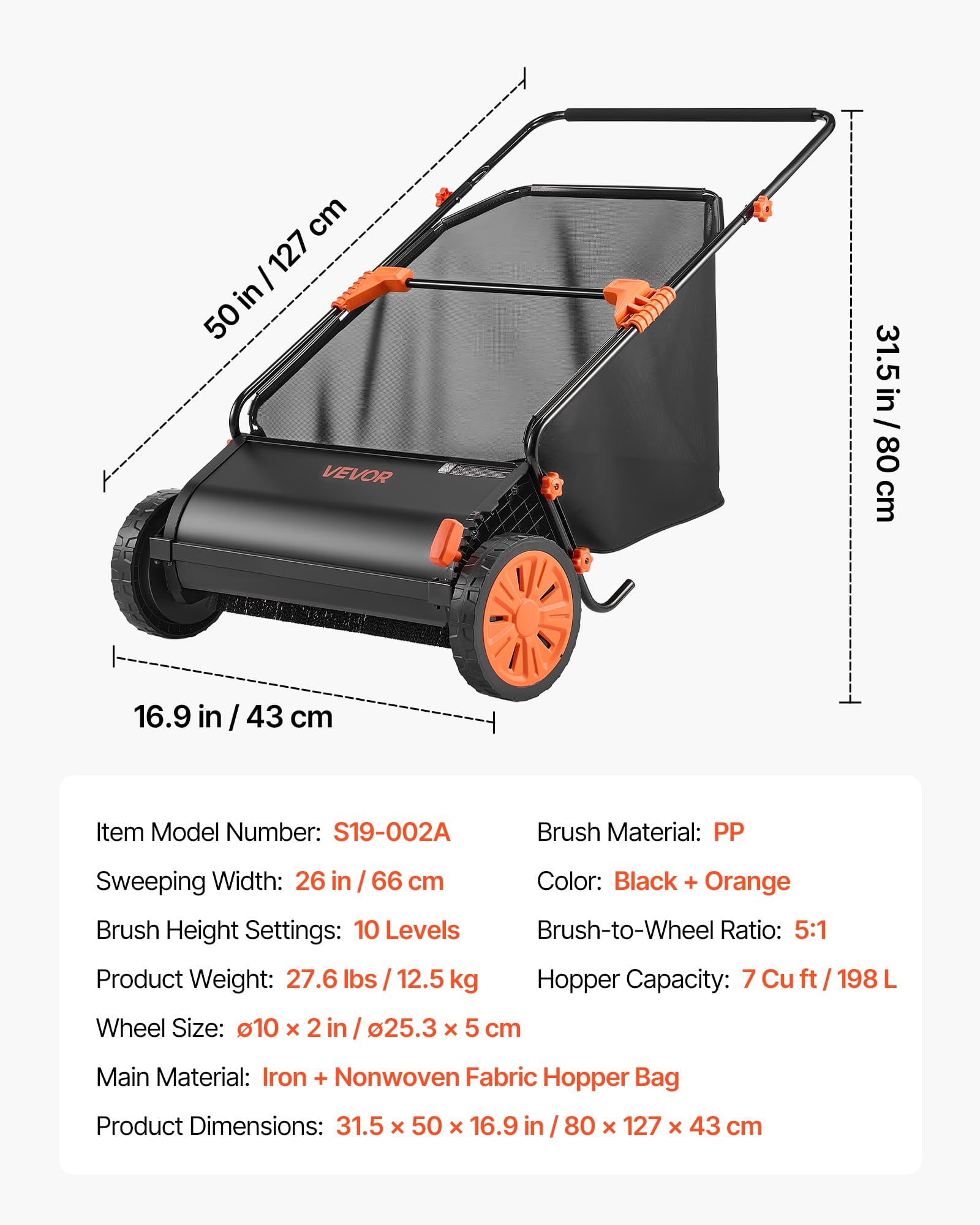NOBOLEA 26" Push Lawn Sweeper, 7 Cu Ft Leaf & Grass Collector with Adjustable Brushes, Heavy Duty Yard Sweeper with Rubber Wheels for Outdoor Lawn Cleanup