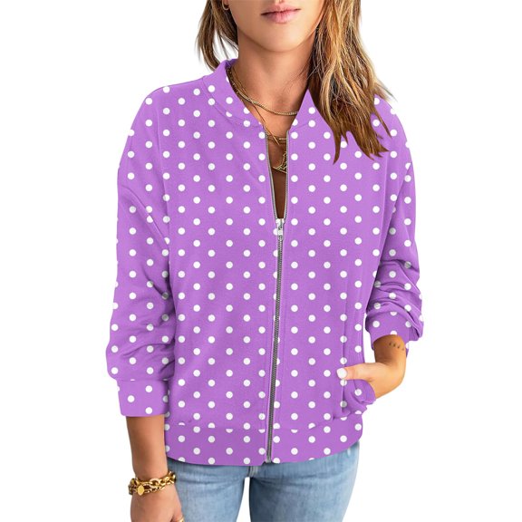 Womens Zip Up Jacket, Bomber Jackets for Women Fall Fashion Dots Printed Coats Lightweight Jackets Dressy Casual