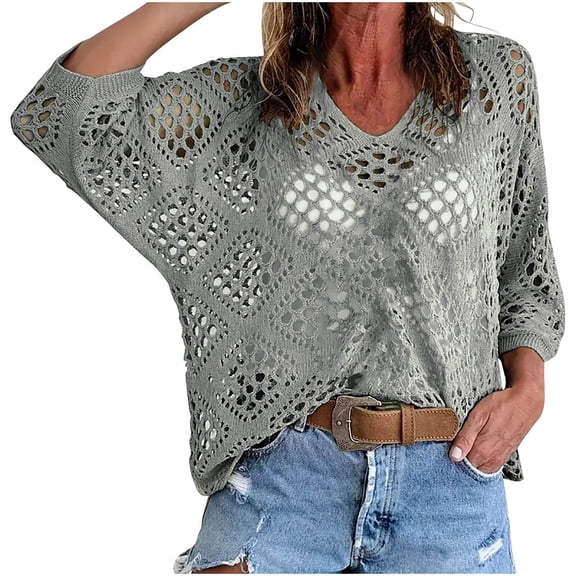 RYRJJ Women's Summer Tops 3/4 Length Sleeve Hollow Out Crochet Knit Boho Beach Cover Ups Casual V-Neck Sweater(Gray,XL)