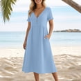 thumbnail image 5 of cocolona Womens Summer Linen Long Dress V Neck Short Sleeve Pleated Flowy Sun Dress Fashion Casual Loose Beach Dress with Pockets, 5 of 6