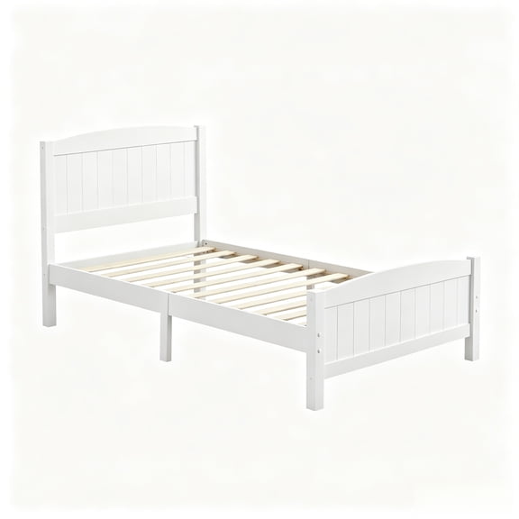 LIANGKA Twin Size Wooden Platform Bed Frame Curved Headboard Footboard Wood Slat Support White