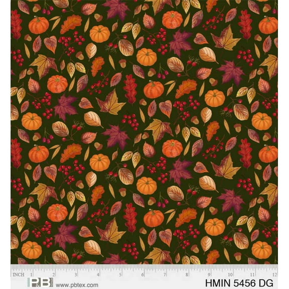 P  B Textiles Harvest Minis Leaf and Pumpkins Dark Green Thanksgiving Price per Yard