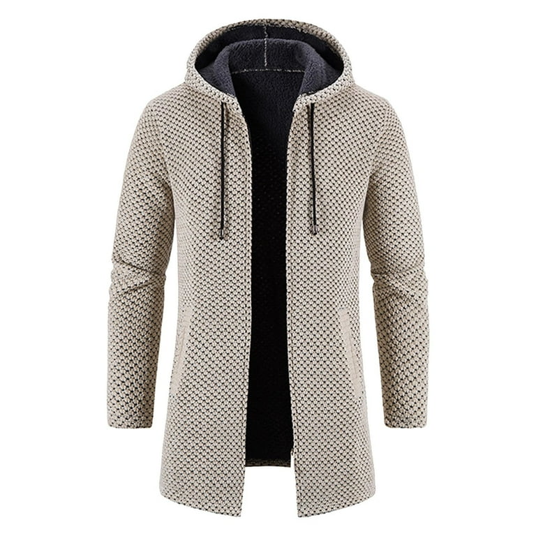 ZXLBBD Mens Fall Winter Solid Color Hooded Zipper Warm Cardigan