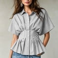 thumbnail image 2 of Women's Striped Blouse Peplum Hem Dressy Shirt Collared Short Sleeve Button Down Waist Fitted Business Casual Tops office Outfit Coffee, 2 of 5
