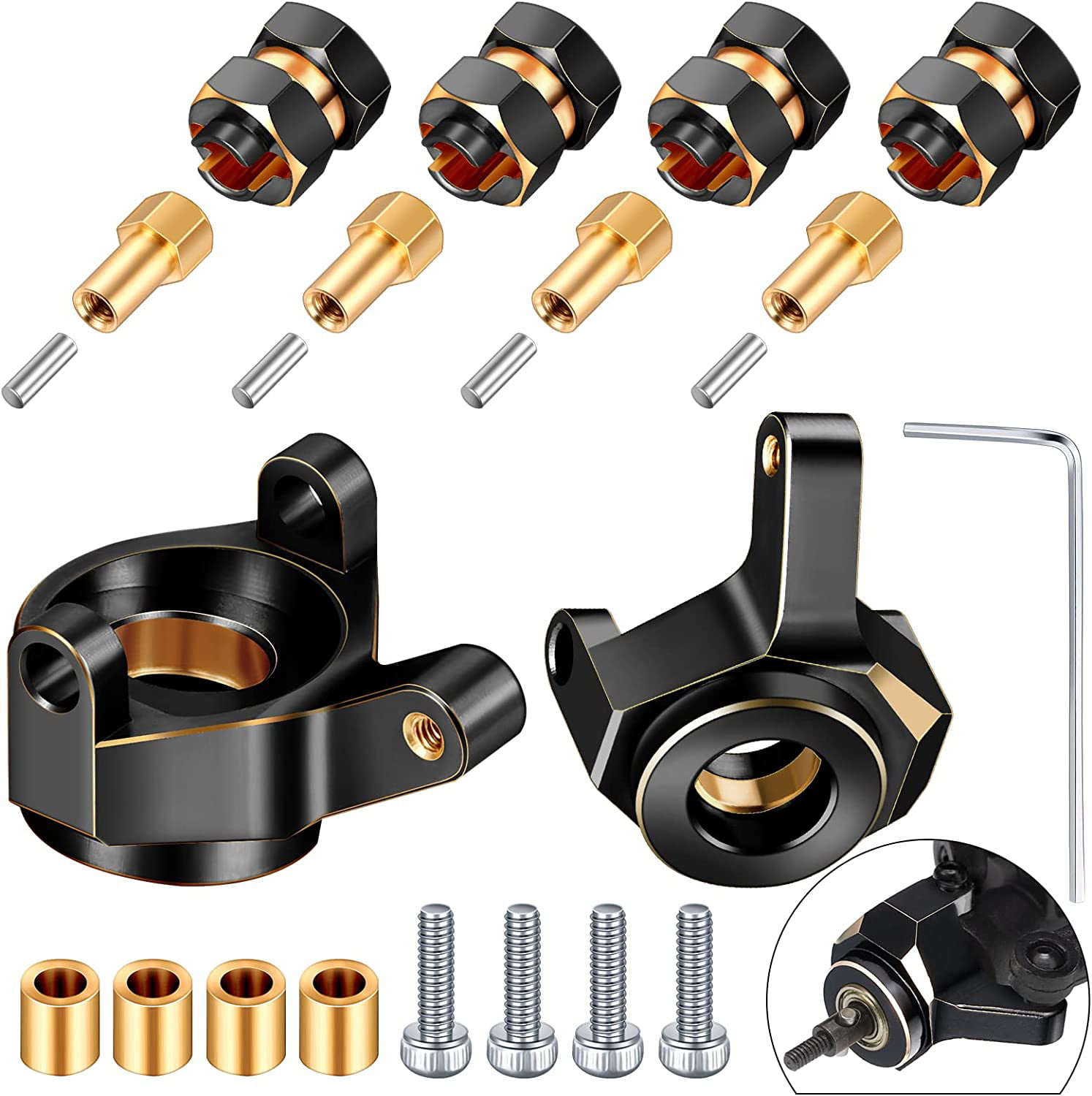 Black-Golden 4 Pieces Brass Extended 7mm Wheel Hex Hub Extension 8mm Thick and 2 Pieces Brass Steering Knuckle Compatible with AXIAL SCX24 AXI90081 Upgrades Parts 1/24 RC Crawler Car Accessories 