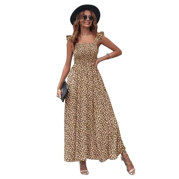 Women's Floral Boho Dress Casual Short Ruffle Sleeve Swing Maxi Summer Dresses
