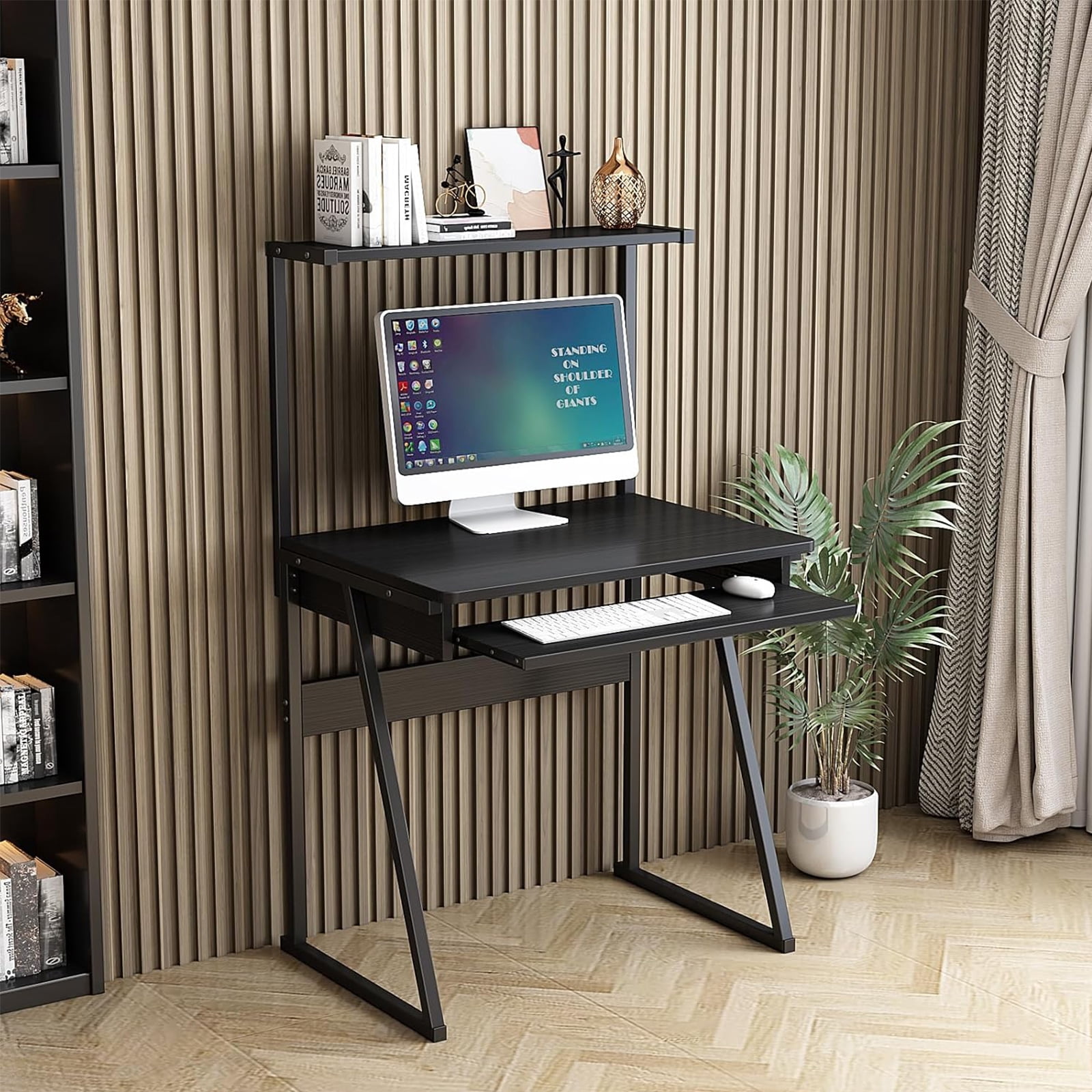 MIN EN WIN 2 Tiers Small Computer Desk for Small Space, Compact Laptop Table Workstation with Keyboard Tray, Study PC Table for Home Office, Black