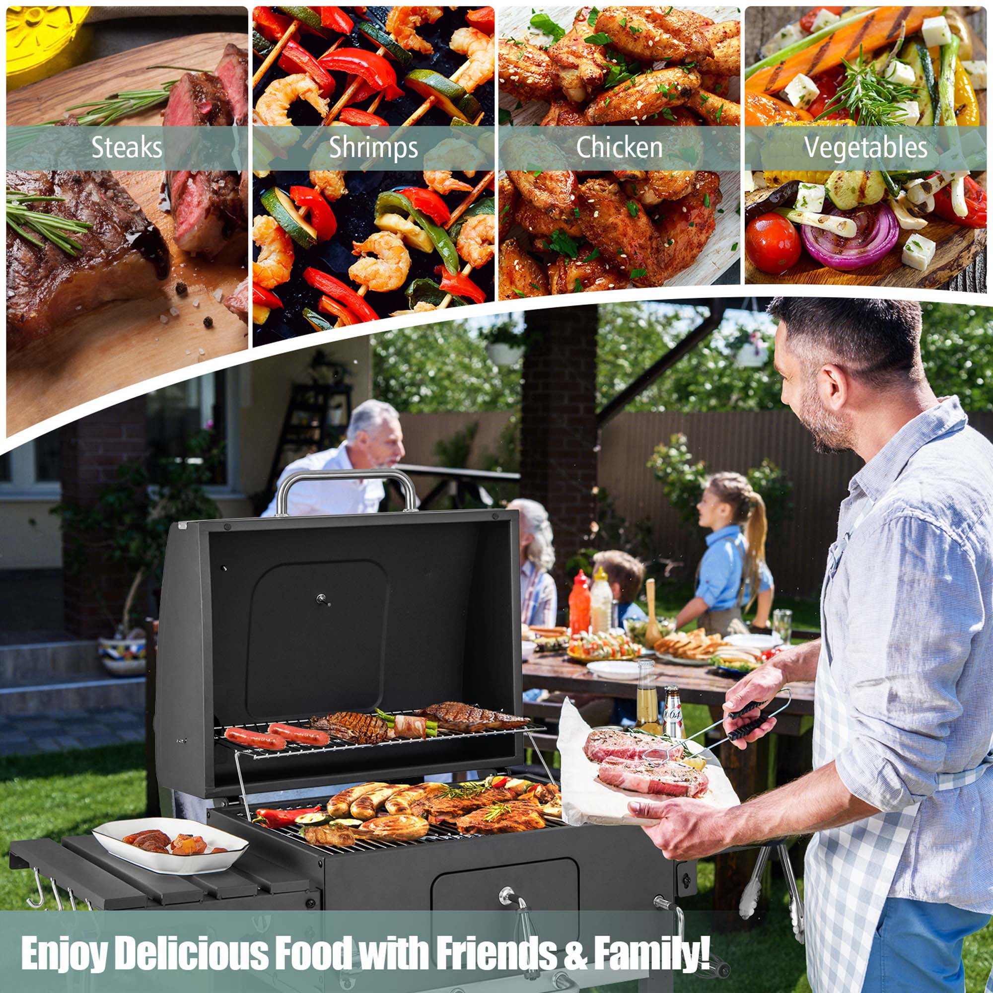 Costway Heavy Duty Outdoor Charcoal Grill Large 391 sq.in. Cooking Area BBQ Camping with Folding Side Table Walmart