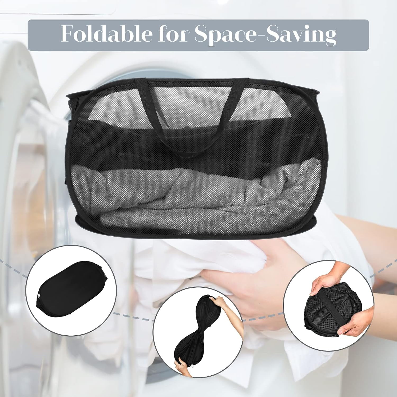 Kiibsot Strong Mesh Pop Up Laundry Basket, Collapsible Laundry Hamper with Side Pocket, Foldable Clothes Hamper with Durable Reinforced Handles for Laundry, Bathroom, Kids Room, Dorm or Travel