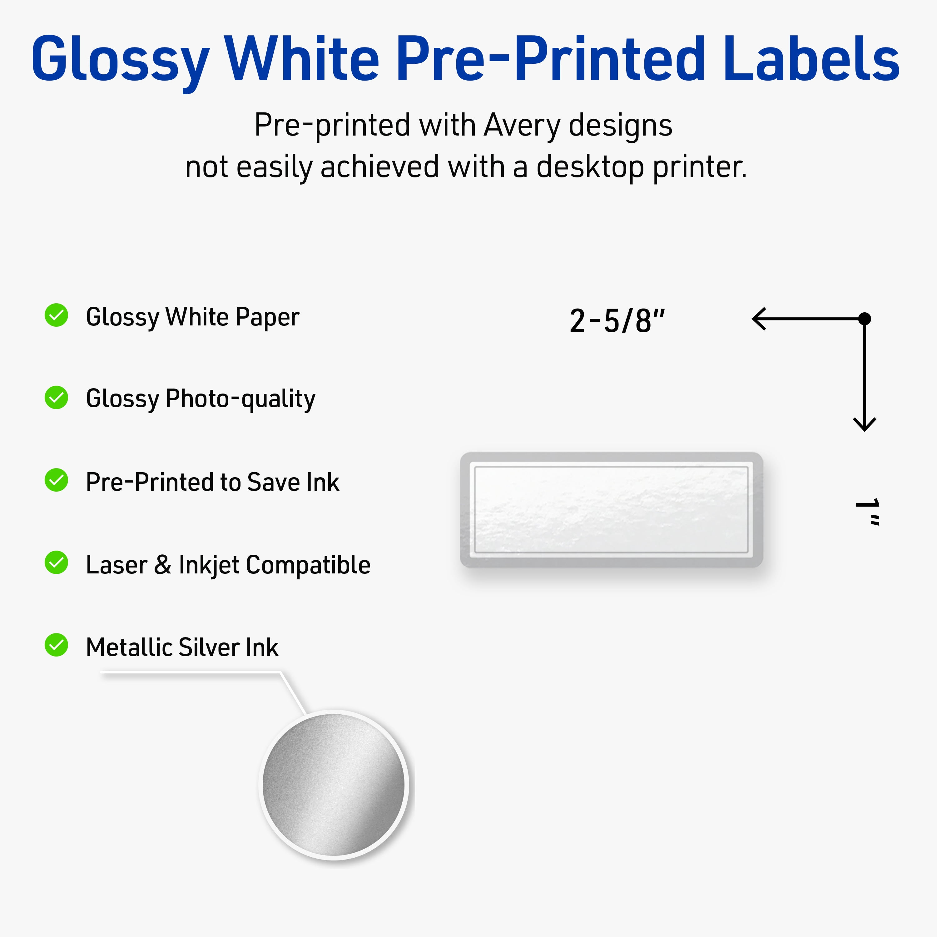 Avery Address Labels, Silver Border, 1" x 2-5/8", 160ct, Glossy, Silver Mirror Metallic
