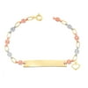 14K Gold Heart Charm Bracelet, Tri-Color Flower Engravable ID, 5.5"-6" Adjustable, Kids Jewelry