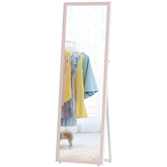 64" Full Length Mirror with White & Pink Frame | Standing, Leaning & Wall Mount | Bedroom, Hallway Dressing Mirror - Tempered Glass, 21" W