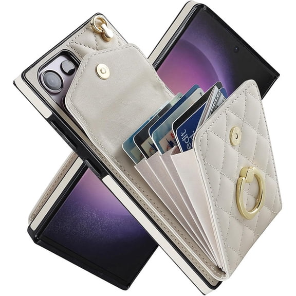 HCTian for Samsung S24 Lanyard Leather Wallet Card Phone Case Ring Cover