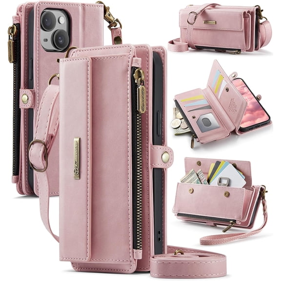 Wallet Case for iPhone 15 – RFID Blocking PU Leather Phone Case with Card Holder, Zipper Pocket, Kickstand, Magnetic Closure, Shoulder & Wrist Strap
