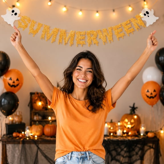 Summerween Halloween Banner,Glitter Letter Flag Garland for Home,Fireplace,Wall,Office,Backyard,Party,Photo Booth Decor,78.7x5.9 in