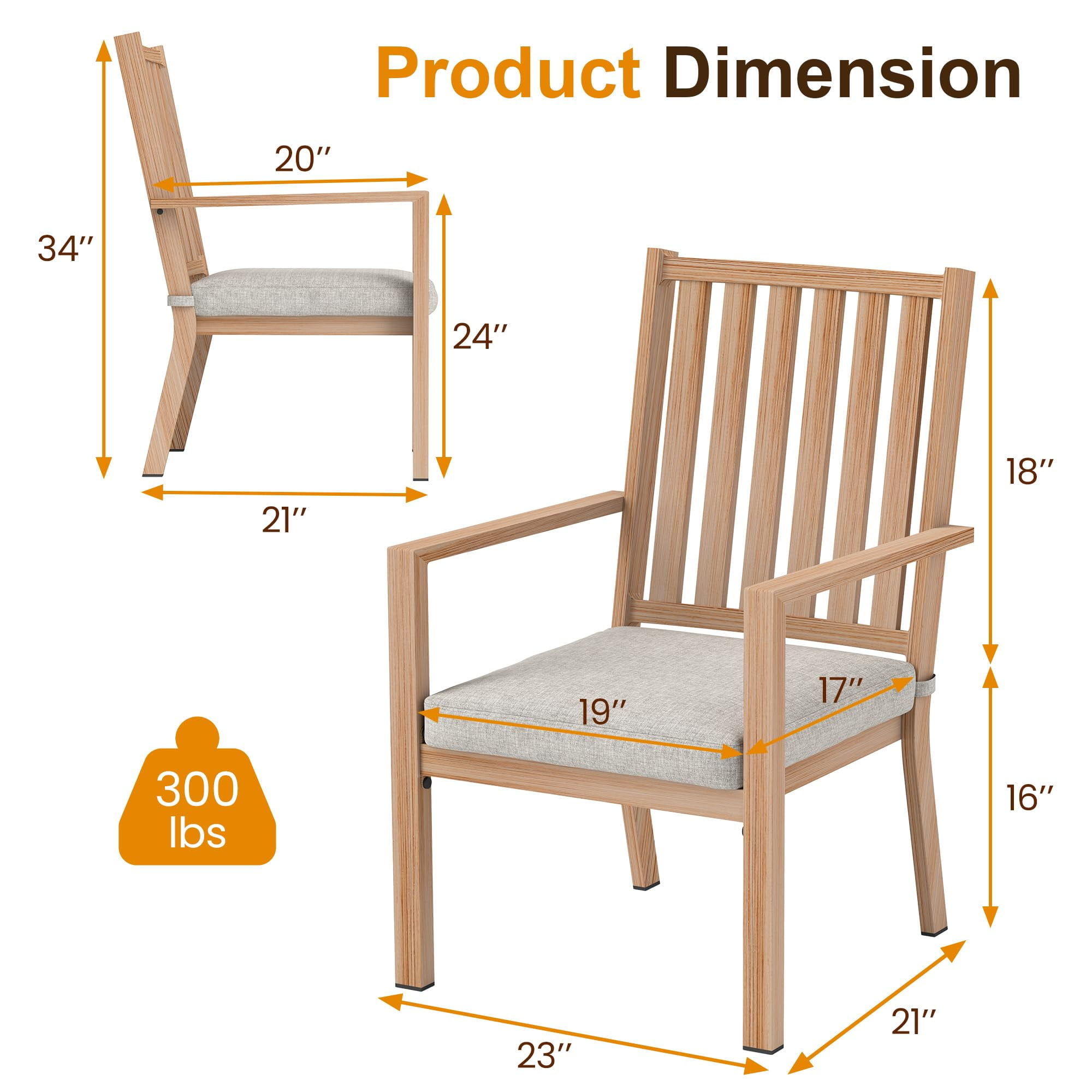 May in Color Patio Dining Chair Set of 2, Aluminum Outdoor Dining Chairs with Waterproof Cushions, Metal Outdoor Patio Furniture Seating for Porch, Balcony, Deck, Backyard, Light Wood Color