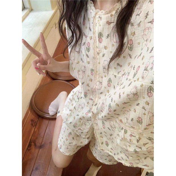 Pijama de verano estilo perezoso para niña dulce, de manga corta, color verde matcha, de seda con leche, para el hogar