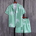 thumbnail image 4 of sunsanly 2Pcs/Set Men Summer Casual Outfit Lapel Short Sleeve Single Breasted Shirt Elastic Drawstring Waist Wide Leg Shorts Set Coconut Tree Print Hawaii Outfit, 4 of 8