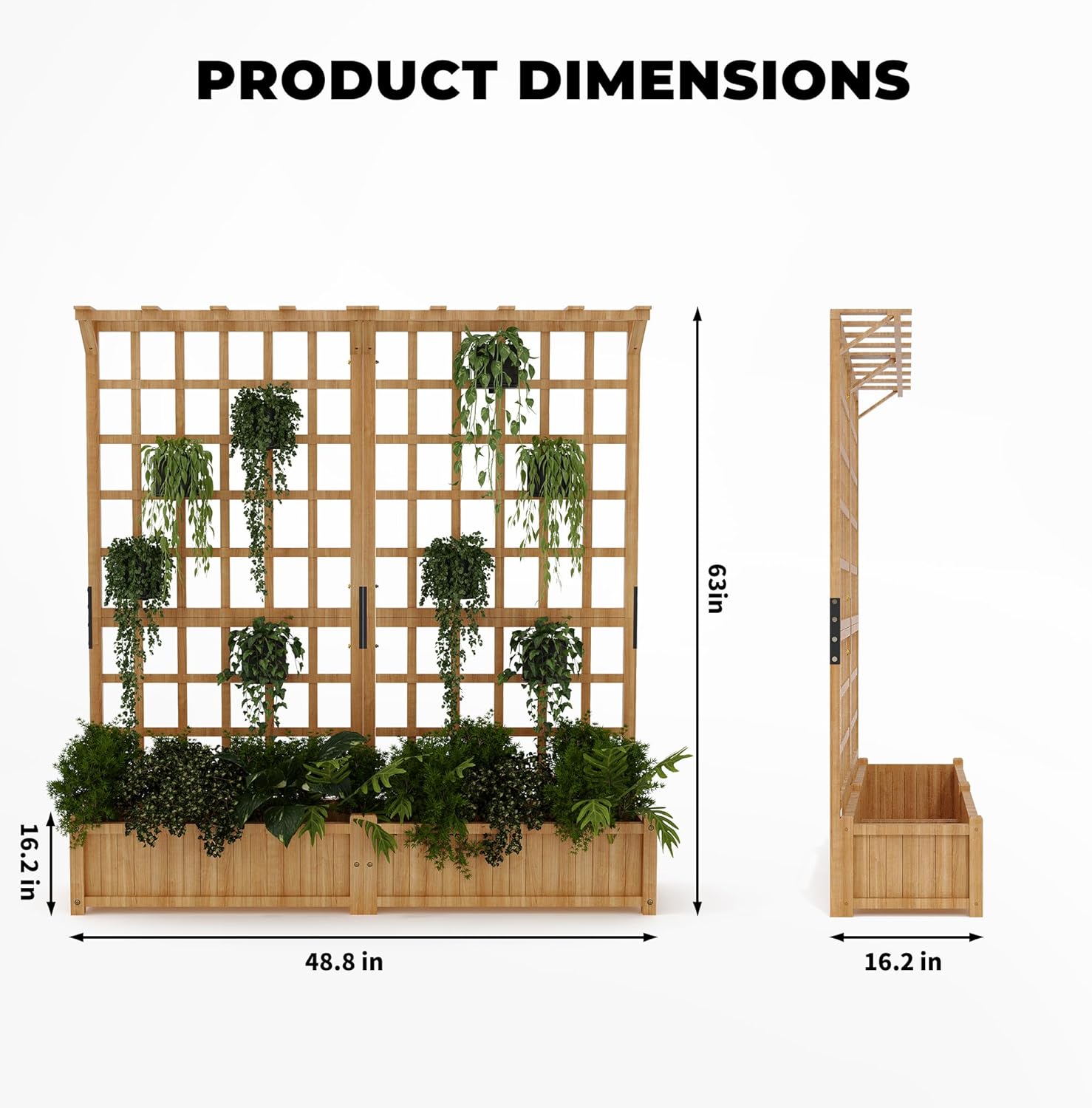 2-Tier Wooden Planter Box with Trellis for Outdoor Gardens, Elevated Raised Bed for Flowers and Vegetables, 1.4Ft Deep Planter with Hanging Roof & Drainage Holes