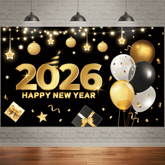 71x43'' Happy New Year 2026 Backdrop - Black & Gold Sparkle Banner, Firework Balloon Theme Background for NYE Party Decorations & Photo Booth Props