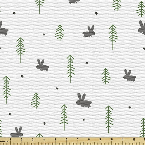 Forest Sofa Upholstery Fabric by the Yard, Continuous Simplistic Rabbits Pine Leaves Stars Illustration, Decorative Fabric for DIY and Home Accents, Purpleblue Fern Green by Ambesonne