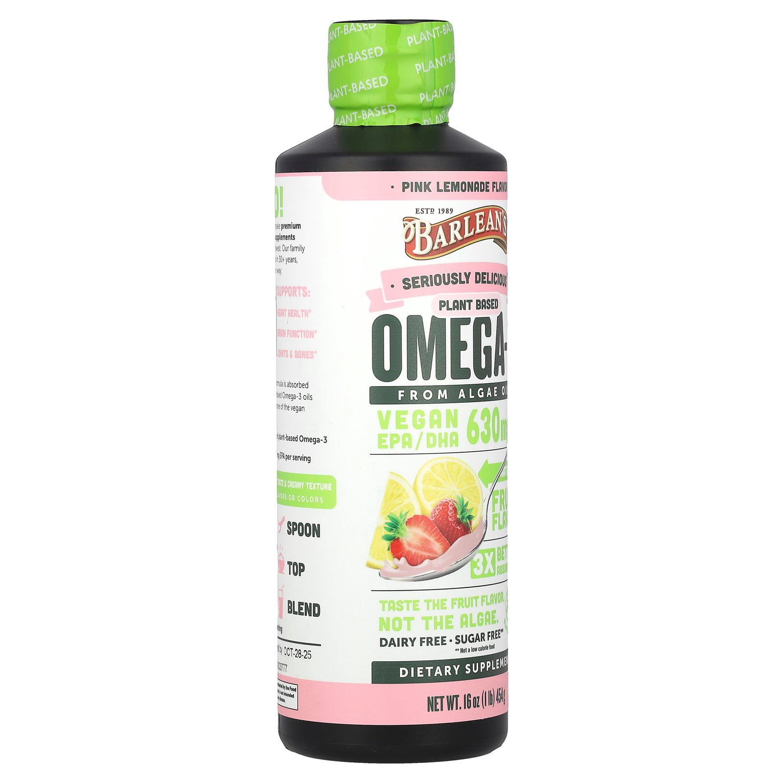 Barlean's Seriously Delicious®, Plant Based Omega-3 From Algae Oil, Pink Lemonade, 630 mg, 16 oz (454 g)