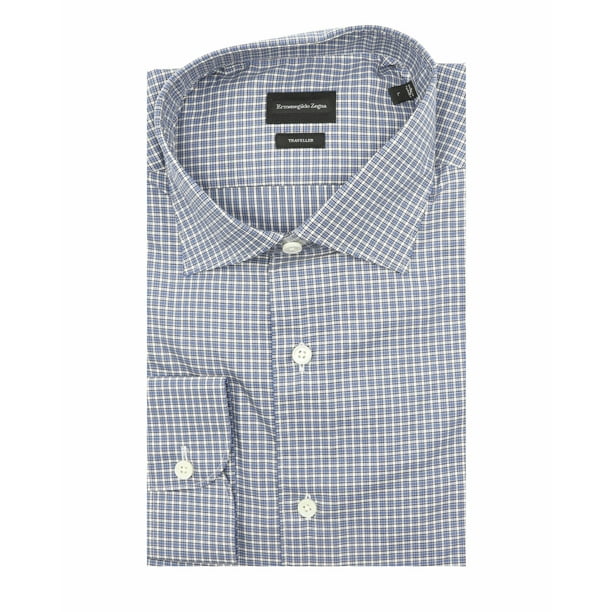 Ermenegildo Zegna Men s 118 Dark Blue Check Classic Fit Traveller Dress Shirt L