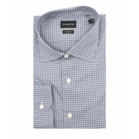 Ermenegildo Zegna Men's 118 Dark Blue Check Classic Fit Traveller Dress Shirt - S