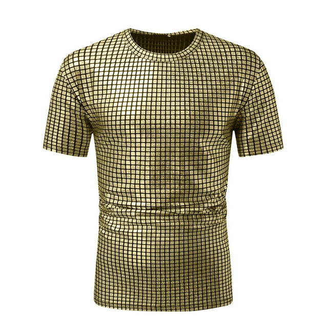 pstuiky camisetas de hombre, Top de cuello redondo de manga corta con purpurina para discoteca de color liso para hombre ropa de hombre l
