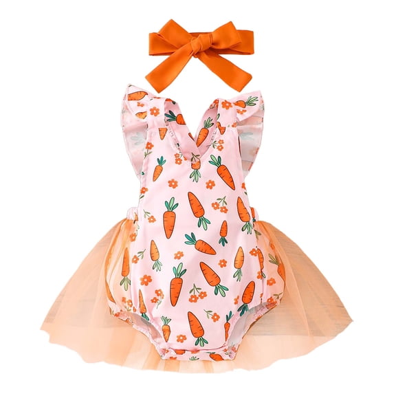 RMGVDSD My First Easter Outfit Baby Girls Romper Dress Fly Sleeve Easter Carrot Print Rompers Bodysuits Dress Headbands Set 6-12 Months
