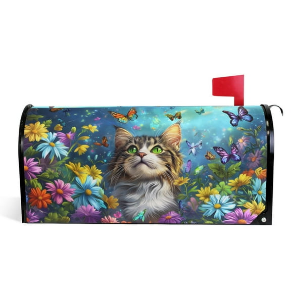 Ryvnso Mailbox Cover Cat in Butterfly Flowers Magnetic Mailbox Wrap Standard Size 21x18 Inch