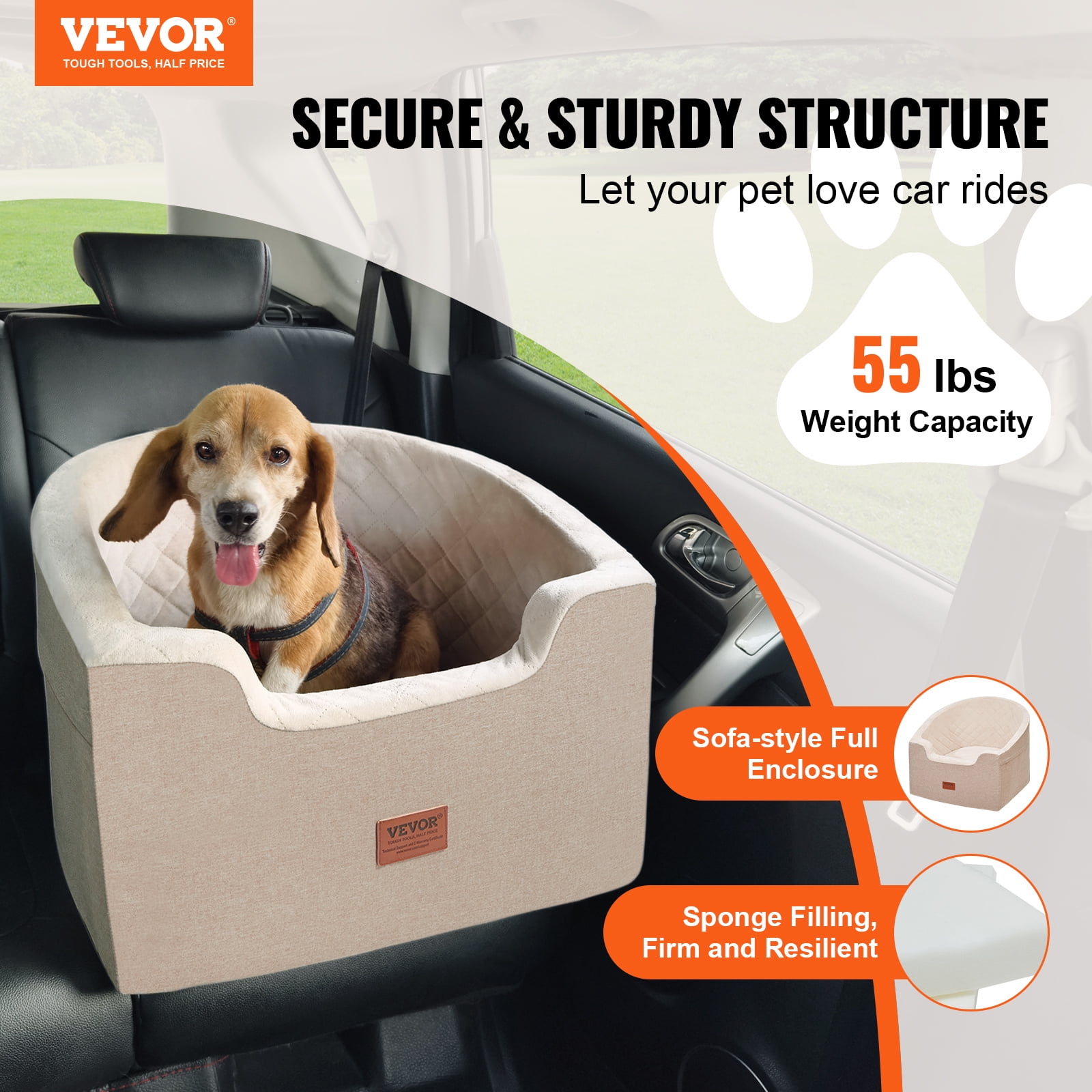 VEVOR Dog Car Seat, Waterproof Dog Booster Seat for Car with A Storage Pocket, Clip-On Safety Leash and Sponge Filling, Dog Car Bed for Small & Medium Dog up to 55lbs, Brown