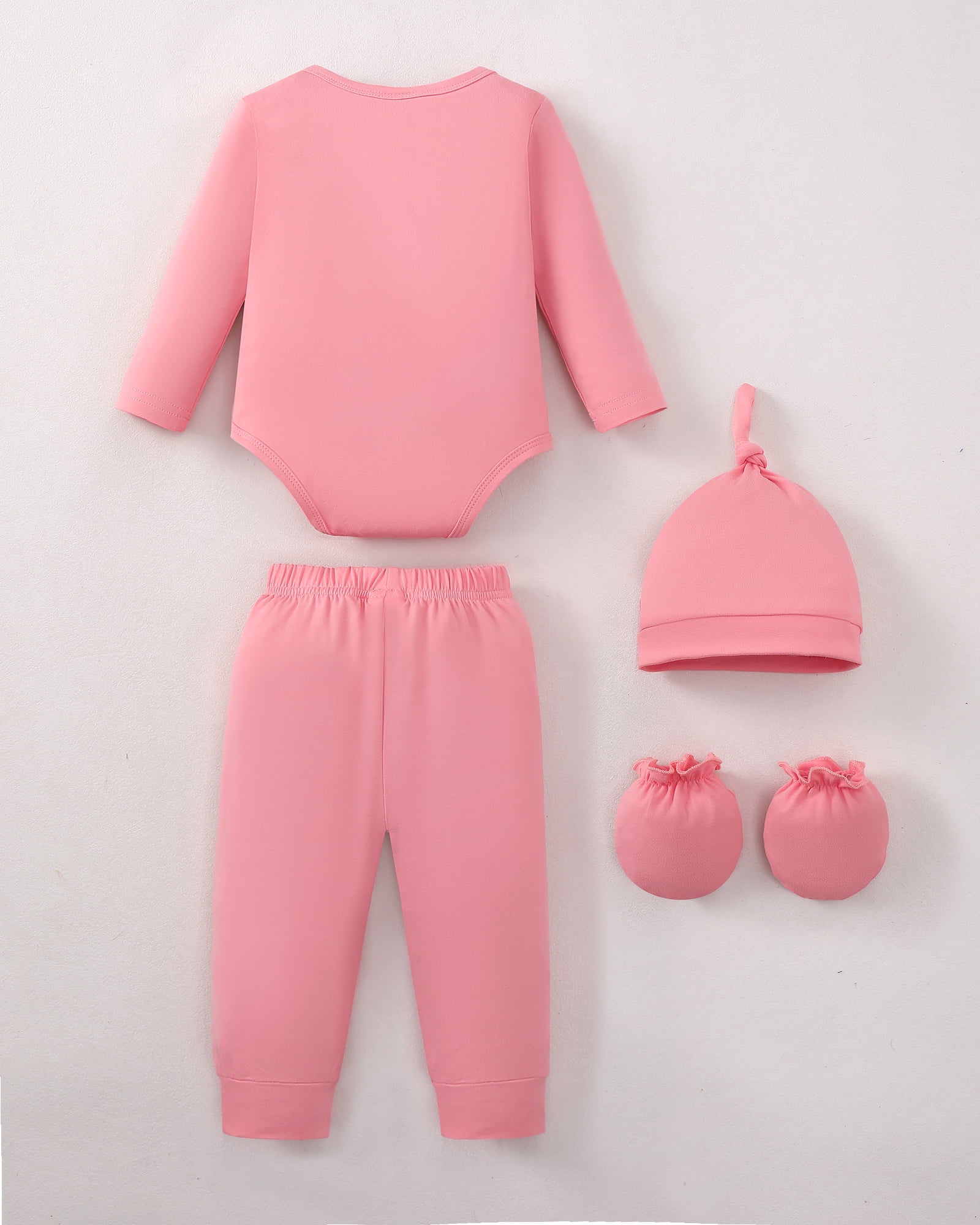 KIMI BEAR Newborn Baby Girls Layette Set 4 Packs Shower Gifts Essential Clothing Short Sleeves Long Sleeves Romper Top Pants and Bodysuit with Hats and Gloves 15pcs Clothes Pink NB