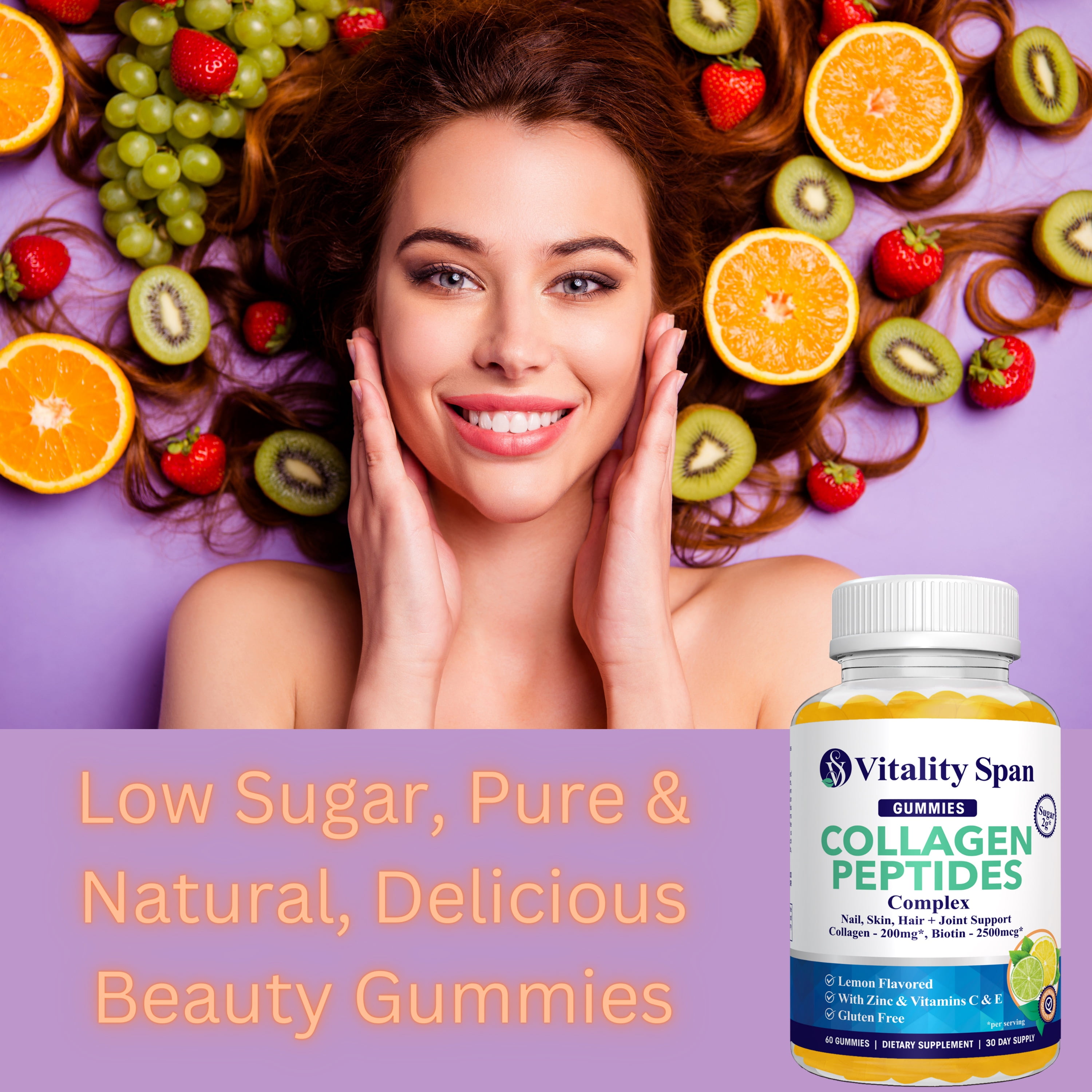 Collagen Gummies with Biotin 2500mcg for Skin Hair & Nails, Low Sugar, Made in USA